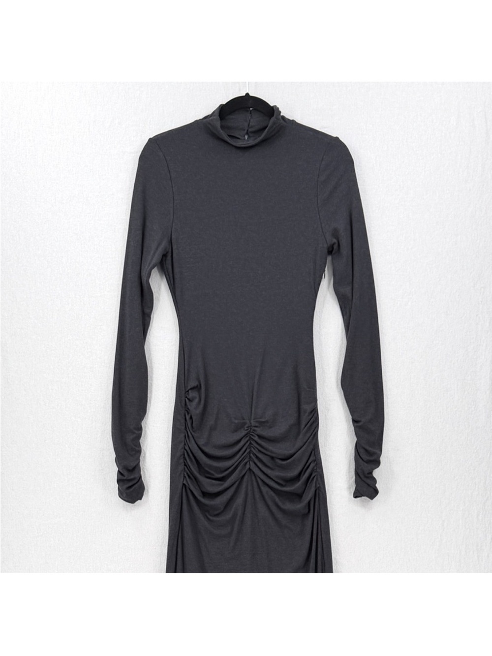 SER.O.YA Fina Tea Length Dress Large Charcoal Grey Ruched Mock Neck Long Sleeve - Picture 6 of 16